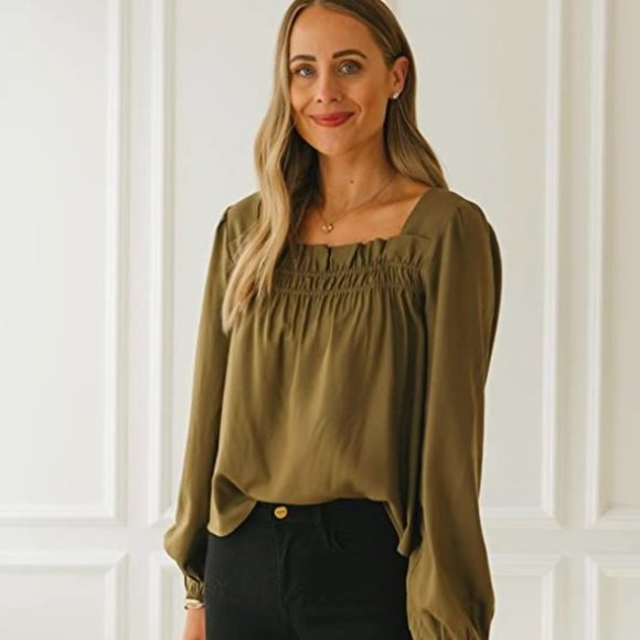 Fashion Jackson The Drop Women's Military Olive Green Ruffle Neck Blouse - Picture 1 of 2